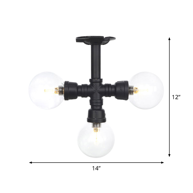 Industrial-Style Orb Semi Flush Light 3/4 Lights Clear Glass LED Flushmount Lamp in Black Clearhalo 'Ceiling Lights' 'Close To Ceiling Lights' 'Close to ceiling' 'Glass shade' 'Glass' 'Semi-flushmount' Lighting' 754122