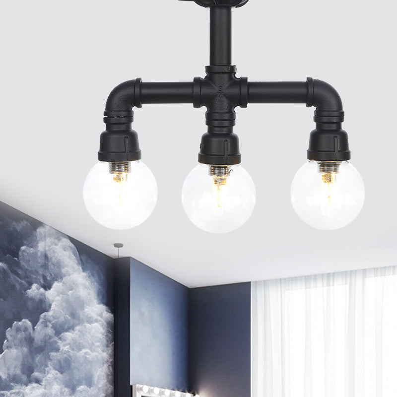 Industrial-Style Orb Semi Flush Light 3/4 Lights Clear Glass LED Flushmount Lamp in Black Clearhalo 'Ceiling Lights' 'Close To Ceiling Lights' 'Close to ceiling' 'Glass shade' 'Glass' 'Semi-flushmount' Lighting' 754124