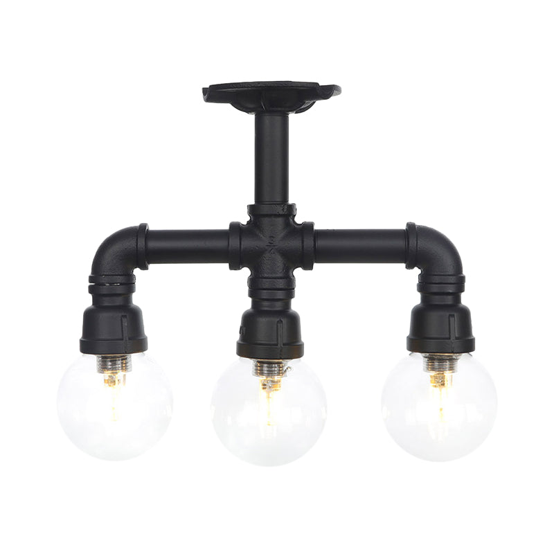 Industrial-Style Orb Semi Flush Light 3/4 Lights Clear Glass LED Flushmount Lamp in Black Clearhalo 'Ceiling Lights' 'Close To Ceiling Lights' 'Close to ceiling' 'Glass shade' 'Glass' 'Semi-flushmount' Lighting' 754125