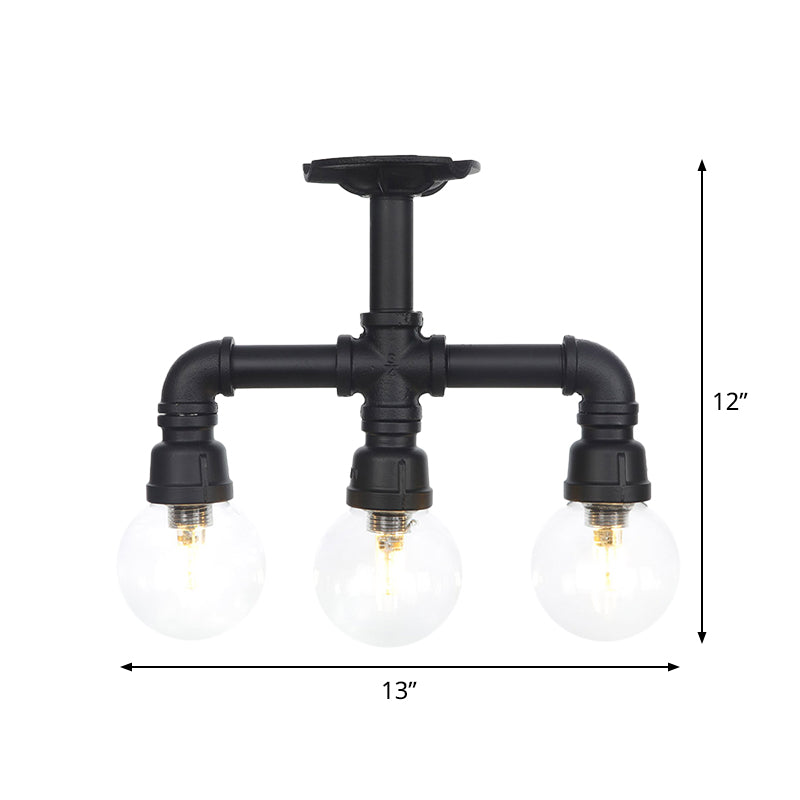 Industrial-Style Orb Semi Flush Light 3/4 Lights Clear Glass LED Flushmount Lamp in Black Clearhalo 'Ceiling Lights' 'Close To Ceiling Lights' 'Close to ceiling' 'Glass shade' 'Glass' 'Semi-flushmount' Lighting' 754127