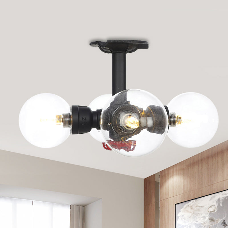 Industrial-Style Orb Semi Flush Light 3/4 Lights Clear Glass LED Flushmount Lamp in Black Black D Clearhalo 'Ceiling Lights' 'Close To Ceiling Lights' 'Close to ceiling' 'Glass shade' 'Glass' 'Semi-flushmount' Lighting' 754133