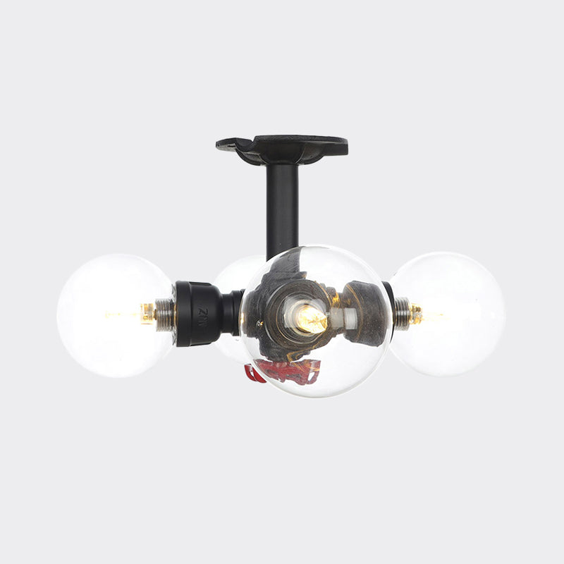 Industrial-Style Orb Semi Flush Light 3/4 Lights Clear Glass LED Flushmount Lamp in Black Clearhalo 'Ceiling Lights' 'Close To Ceiling Lights' 'Close to ceiling' 'Glass shade' 'Glass' 'Semi-flushmount' Lighting' 754136