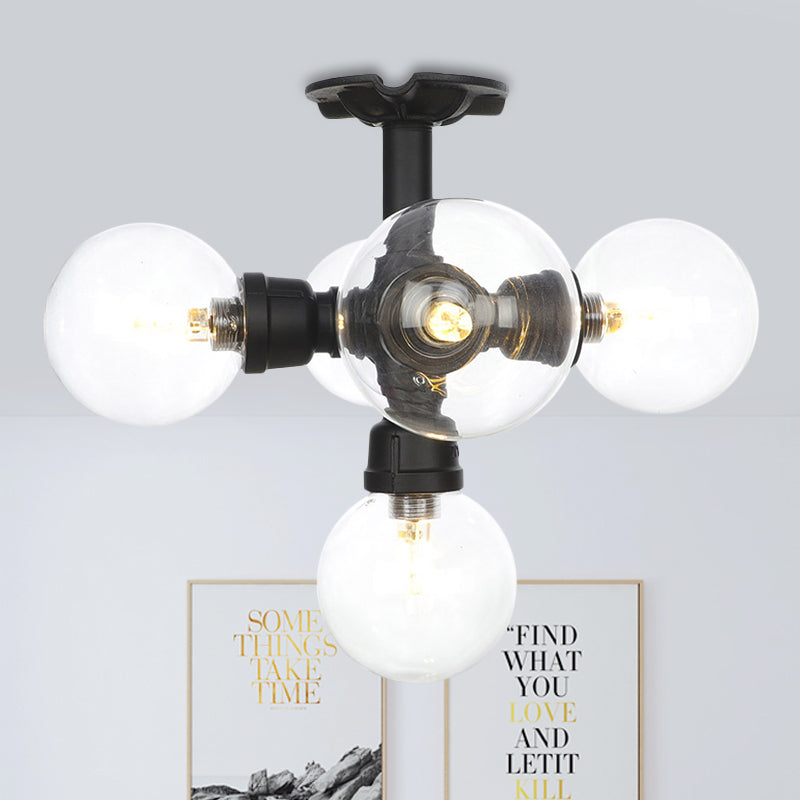 Black 4/5/6-Head Semi Flushmount Antiqued Clear Glass Ball LED Close to Ceiling Lighting Black C Clearhalo 'Ceiling Lights' 'Close To Ceiling Lights' 'Close to ceiling' 'Glass shade' 'Glass' 'Semi-flushmount' Lighting' 754147