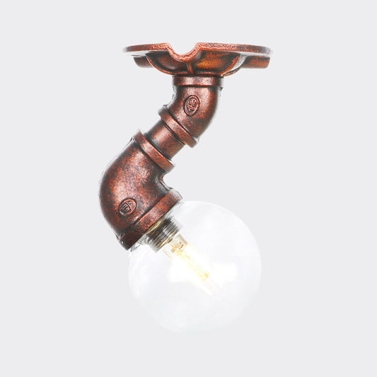 Clear Glass Copper Semi-Flush Mount Spherical 1 Bulb Antiqued LED Flush Ceiling Light Fixture Clearhalo 'Ceiling Lights' 'Close To Ceiling Lights' 'Close to ceiling' 'Glass shade' 'Glass' 'Semi-flushmount' Lighting' 754174