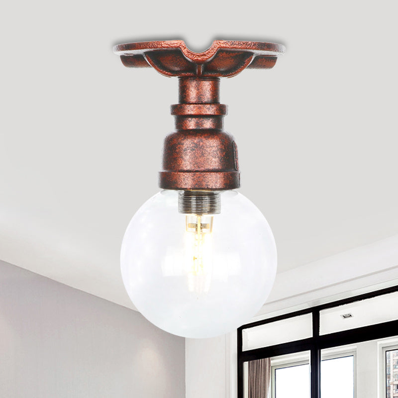 1 Bulb Semi Flush Ceiling Light Industrial Globe Clear Glass LED Flush Mount Lamp in Copper Copper B Clearhalo 'Ceiling Lights' 'Close To Ceiling Lights' 'Close to ceiling' 'Glass shade' 'Glass' 'Semi-flushmount' Lighting' 754180