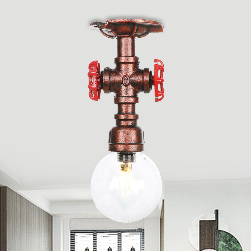 1 Bulb Semi Flush Ceiling Light Industrial Globe Clear Glass LED Flush Mount Lamp in Copper Copper C Clearhalo 'Ceiling Lights' 'Close To Ceiling Lights' 'Close to ceiling' 'Glass shade' 'Glass' 'Semi-flushmount' Lighting' 754185