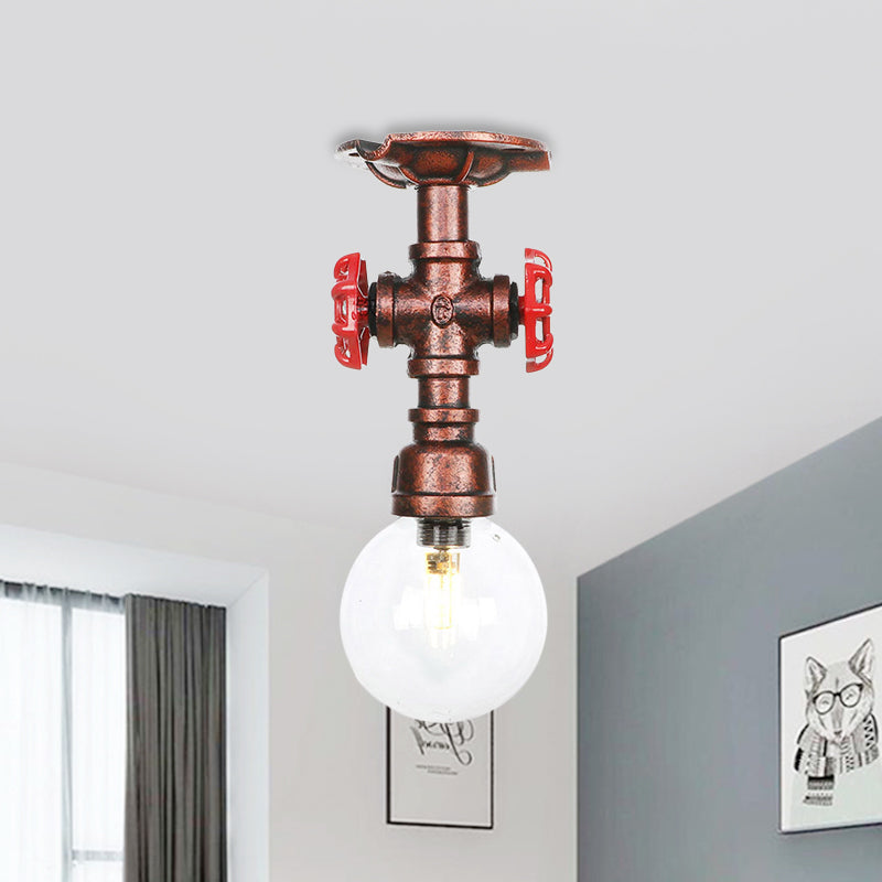 1 Bulb Semi Flush Ceiling Light Industrial Globe Clear Glass LED Flush Mount Lamp in Copper Clearhalo 'Ceiling Lights' 'Close To Ceiling Lights' 'Close to ceiling' 'Glass shade' 'Glass' 'Semi-flushmount' Lighting' 754186