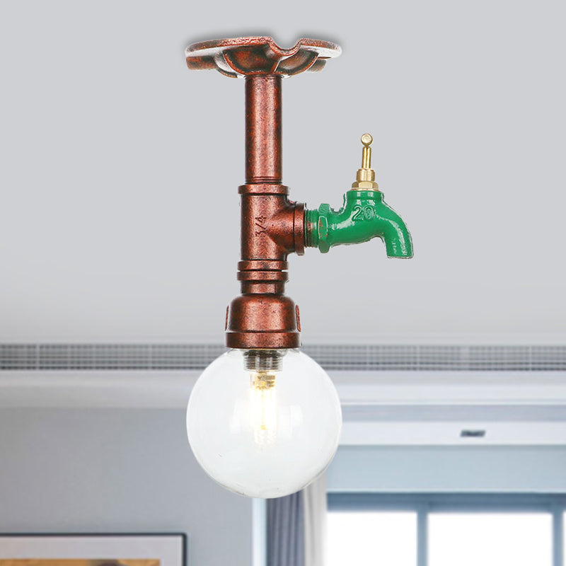 1 Bulb Semi Flush Ceiling Light Industrial Globe Clear Glass LED Flush Mount Lamp in Copper Copper D Clearhalo 'Ceiling Lights' 'Close To Ceiling Lights' 'Close to ceiling' 'Glass shade' 'Glass' 'Semi-flushmount' Lighting' 754190