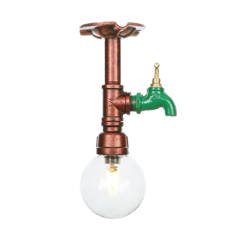 1 Bulb Semi Flush Ceiling Light Industrial Globe Clear Glass LED Flush Mount Lamp in Copper Clearhalo 'Ceiling Lights' 'Close To Ceiling Lights' 'Close to ceiling' 'Glass shade' 'Glass' 'Semi-flushmount' Lighting' 754192