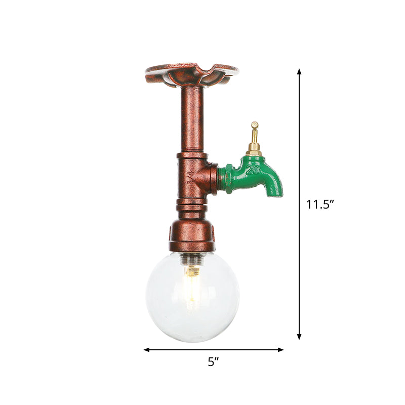 1 Bulb Semi Flush Ceiling Light Industrial Globe Clear Glass LED Flush Mount Lamp in Copper Clearhalo 'Ceiling Lights' 'Close To Ceiling Lights' 'Close to ceiling' 'Glass shade' 'Glass' 'Semi-flushmount' Lighting' 754194