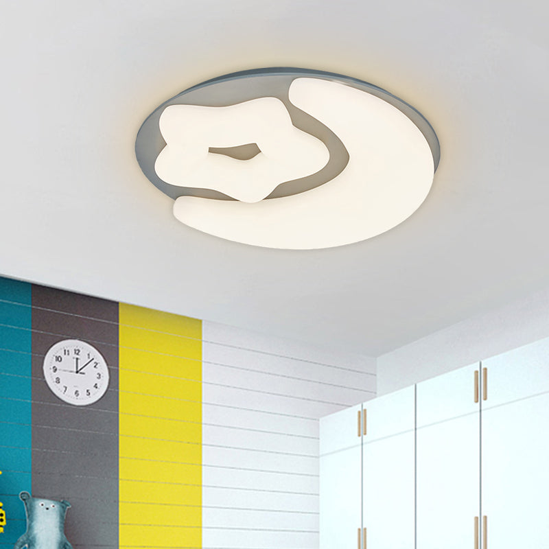 Minimalism Moon and Star Acrylic Flush Mount LED Close to Ceiling Lighting in Pink/Green/Grey for Bedroom Grey Clearhalo 'Ceiling Lights' 'Close To Ceiling Lights' 'Close to ceiling' 'Flush mount' Lighting' 754195