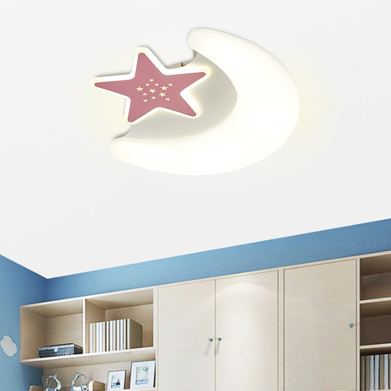 Moon and Star Flush Mount Lighting Kids Acrylic LED Pink/Blue Finish Ceiling Light Fixture for Bedroom Pink Clearhalo 'Ceiling Lights' 'Close To Ceiling Lights' 'Close to ceiling' 'Flush mount' Lighting' 754222