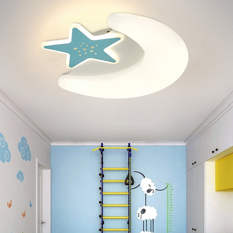 Moon and Star Flush Mount Lighting Kids Acrylic LED Pink/Blue Finish Ceiling Light Fixture for Bedroom Blue Clearhalo 'Ceiling Lights' 'Close To Ceiling Lights' 'Close to ceiling' 'Flush mount' Lighting' 754226