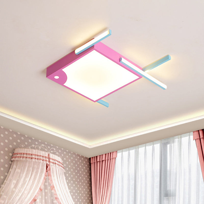 Square Flush Mount Light Minimalist Acrylic LED Bedroom Ceiling Flush in Pink with Linear Design, White/Warm Light Pink Clearhalo 'Ceiling Lights' 'Close To Ceiling Lights' 'Close to ceiling' 'Flush mount' Lighting' 754296