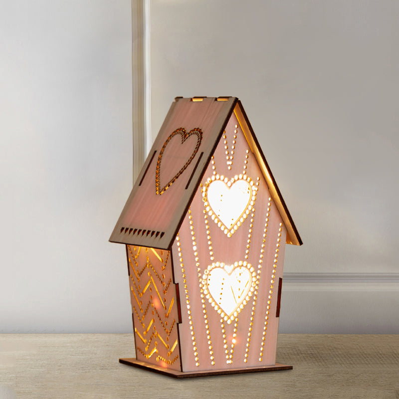 Brown Lodge Small Night Light Kids Wooden USB LED Table Lighting with Cutouts Loving Heart/Star/Flower Pattern Brown Loving Heart Clearhalo 'Night Lights' 'Wall Lights' Lighting' 754433