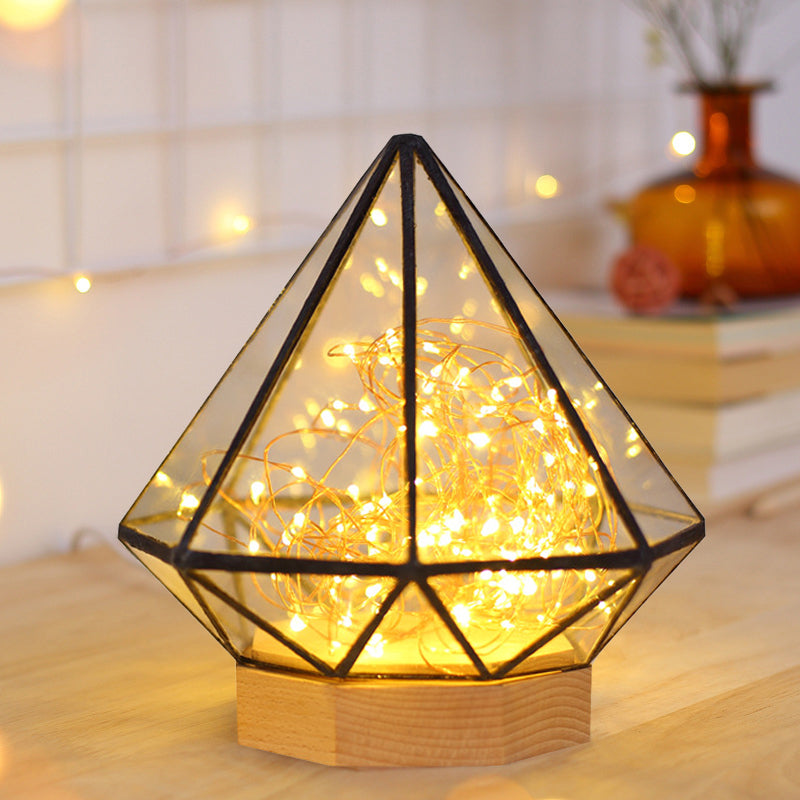 Kids Diamond Night Lamp Transparent Glass Bedroom LED Table Lighting in Wood with Cartoon Process and Glow String Inside Wood Clearhalo 'Night Lights' 'Wall Lights' Lighting' 754467