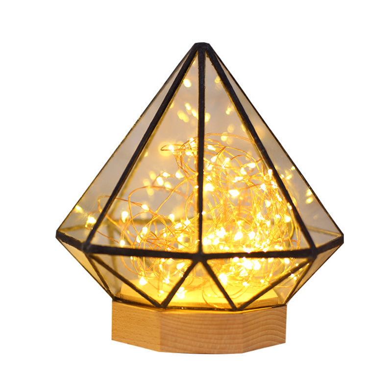 Kids Diamond Night Lamp Transparent Glass Bedroom LED Table Lighting in Wood with Cartoon Process and Glow String Inside Clearhalo 'Night Lights' 'Wall Lights' Lighting' 754468