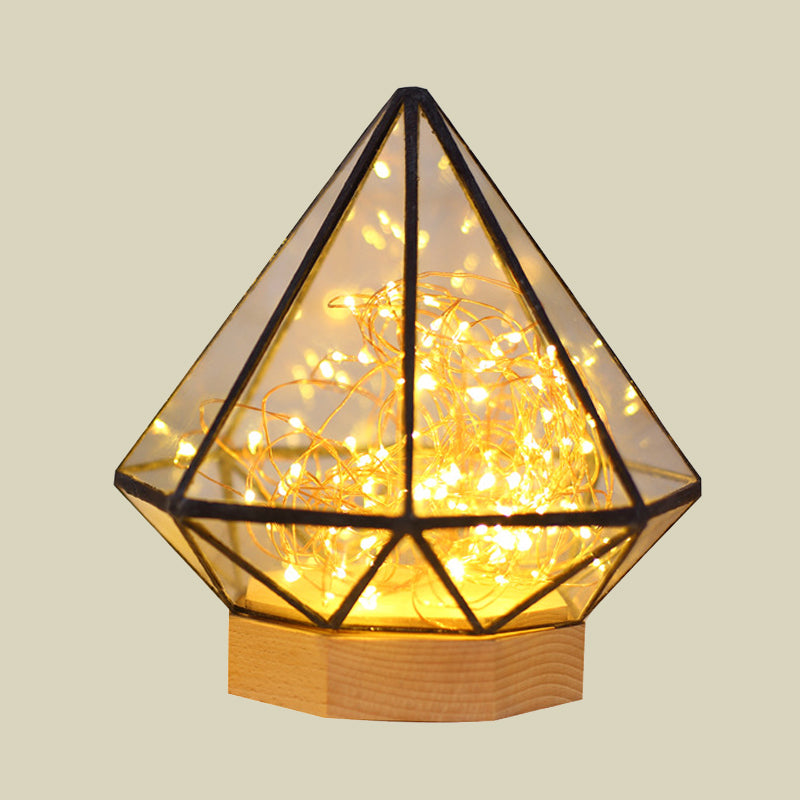 Kids Diamond Night Lamp Transparent Glass Bedroom LED Table Lighting in Wood with Cartoon Process and Glow String Inside Clearhalo 'Night Lights' 'Wall Lights' Lighting' 754469