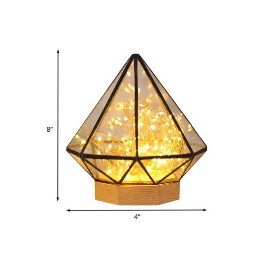 Kids Diamond Night Lamp Transparent Glass Bedroom LED Table Lighting in Wood with Cartoon Process and Glow String Inside Clearhalo 'Night Lights' 'Wall Lights' Lighting' 754470