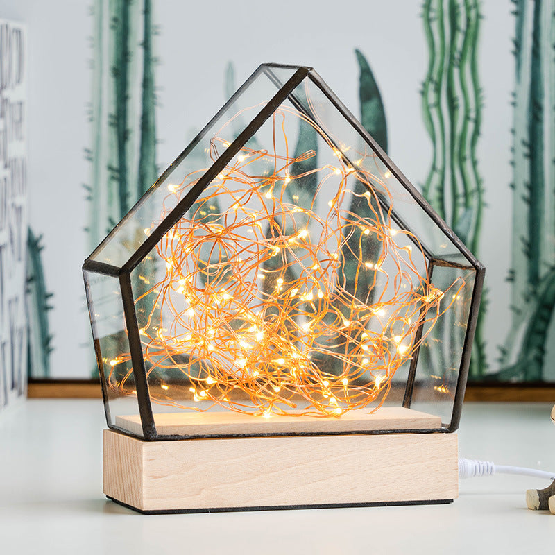 Clear Glass Mini House Nightstand Light Kid Wood Integrated LED Table Lamp with Inner Bear and String Decor Wood Clearhalo 'Night Lights' 'Wall Lights' Lighting' 754471