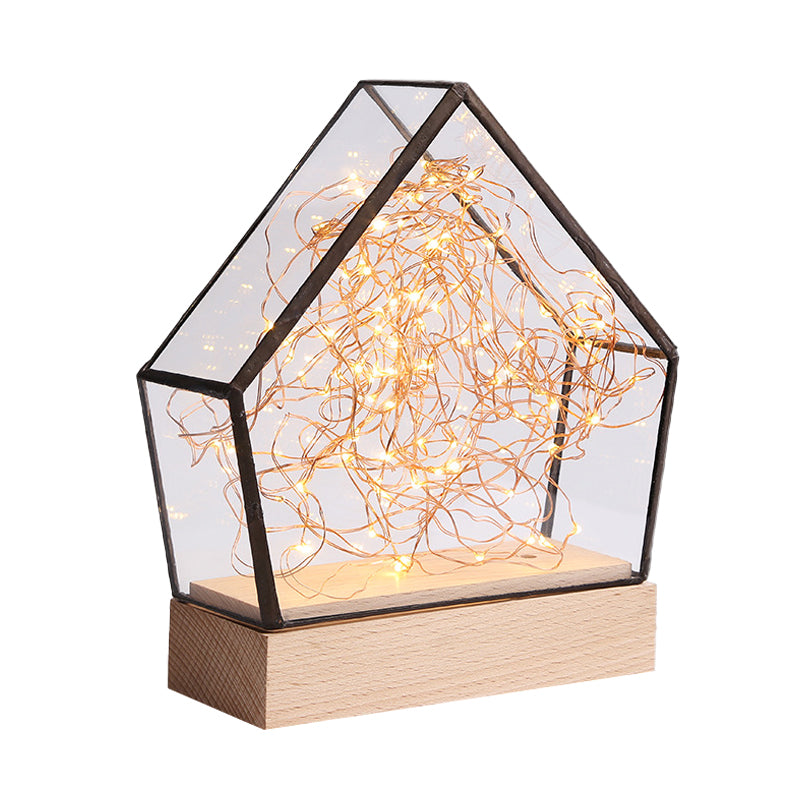 Clear Glass Mini House Nightstand Light Kid Wood Integrated LED Table Lamp with Inner Bear and String Decor Clearhalo 'Night Lights' 'Wall Lights' Lighting' 754473