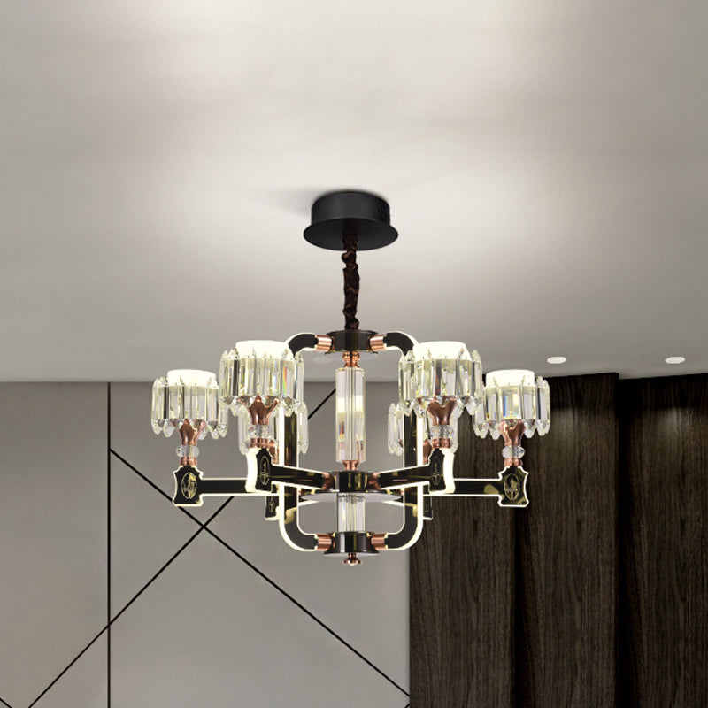 Black 6/8 Bulbs LED Chandelier Lighting Modern Crystal Block Cylinder Hanging Ceiling Lamp 6 Black Clearhalo 'Ceiling Lights' 'Chandeliers' 'Modern Chandeliers' 'Modern' Lighting' 754779