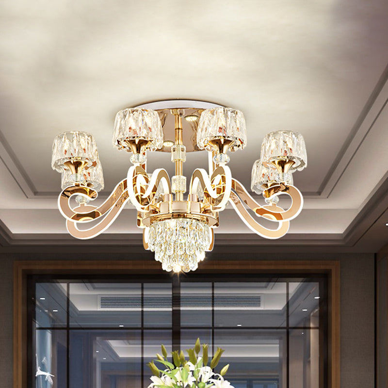 6/8 Bulbs LED Semi Flush Ceiling Light Modernist Scroll Arm Metal Flush Mounted Lamp in Gold with Crystal Accent 8 Gold Clearhalo 'Ceiling Lights' 'Close To Ceiling Lights' 'Close to ceiling' 'Semi-flushmount' Lighting' 754793