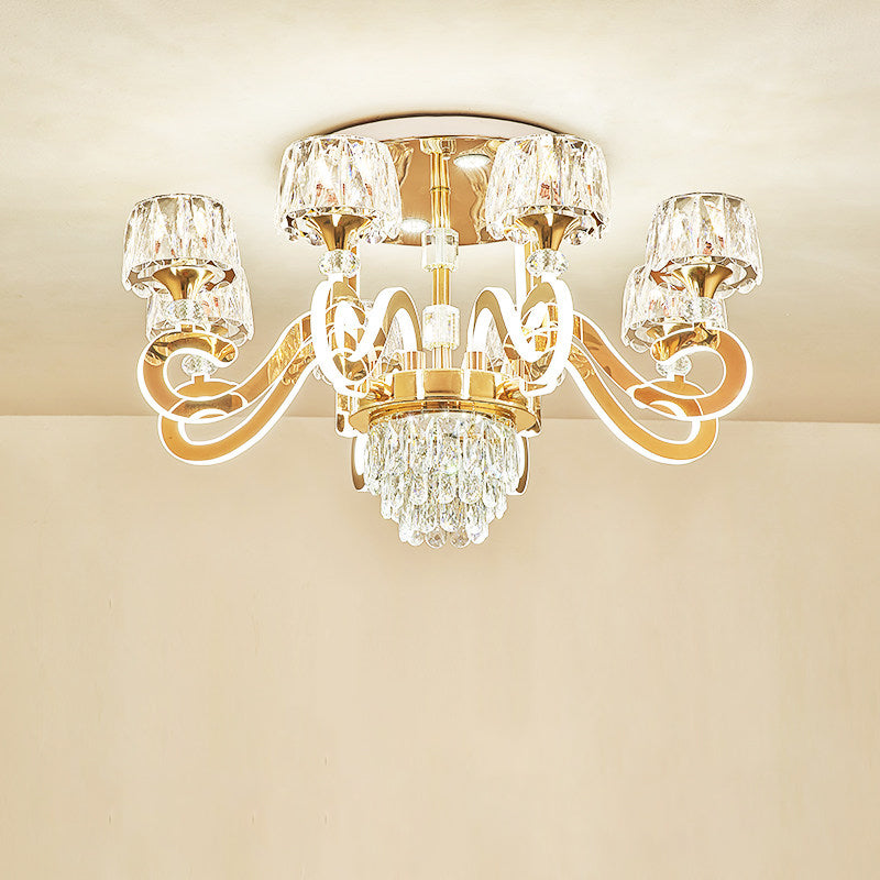 6/8 Bulbs LED Semi Flush Ceiling Light Modernist Scroll Arm Metal Flush Mounted Lamp in Gold with Crystal Accent Clearhalo 'Ceiling Lights' 'Close To Ceiling Lights' 'Close to ceiling' 'Semi-flushmount' Lighting' 754795