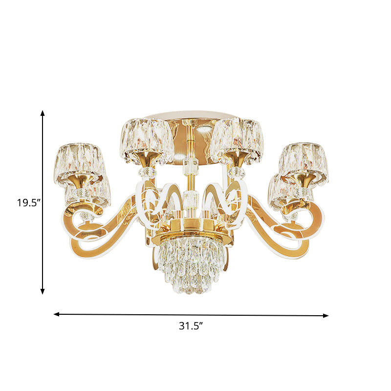 6/8 Bulbs LED Semi Flush Ceiling Light Modernist Scroll Arm Metal Flush Mounted Lamp in Gold with Crystal Accent Clearhalo 'Ceiling Lights' 'Close To Ceiling Lights' 'Close to ceiling' 'Semi-flushmount' Lighting' 754796