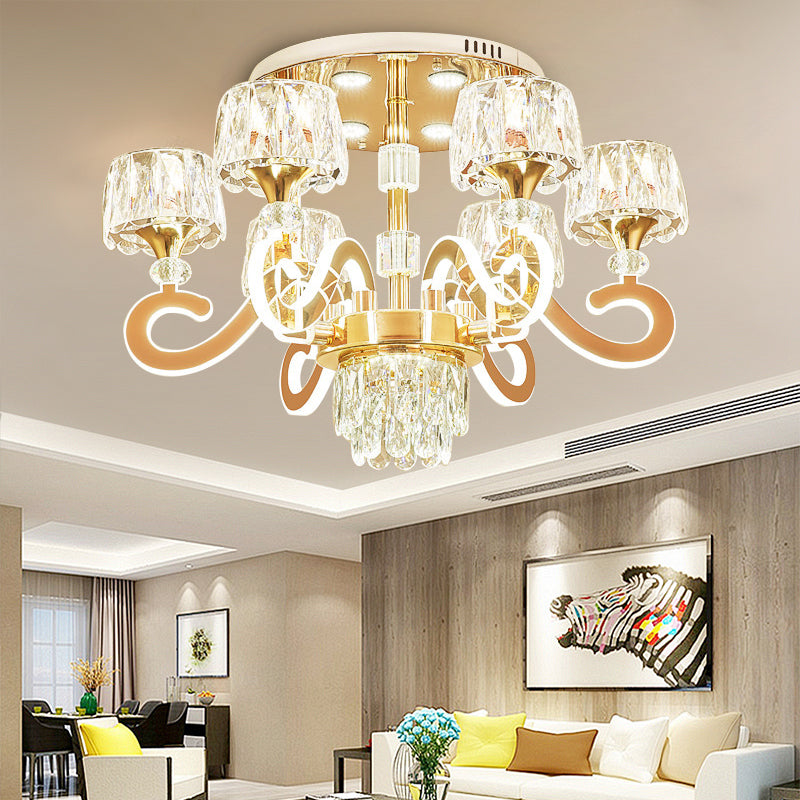 6/8 Bulbs LED Semi Flush Ceiling Light Modernist Scroll Arm Metal Flush Mounted Lamp in Gold with Crystal Accent 6 Gold Clearhalo 'Ceiling Lights' 'Close To Ceiling Lights' 'Close to ceiling' 'Semi-flushmount' Lighting' 754797