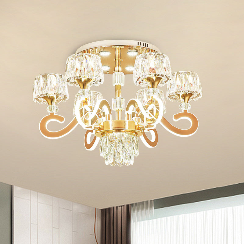 6/8 Bulbs LED Semi Flush Ceiling Light Modernist Scroll Arm Metal Flush Mounted Lamp in Gold with Crystal Accent Clearhalo 'Ceiling Lights' 'Close To Ceiling Lights' 'Close to ceiling' 'Semi-flushmount' Lighting' 754798