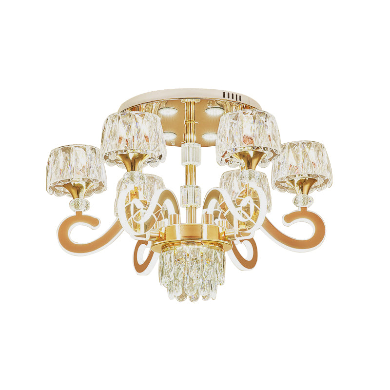 6/8 Bulbs LED Semi Flush Ceiling Light Modernist Scroll Arm Metal Flush Mounted Lamp in Gold with Crystal Accent Clearhalo 'Ceiling Lights' 'Close To Ceiling Lights' 'Close to ceiling' 'Semi-flushmount' Lighting' 754799