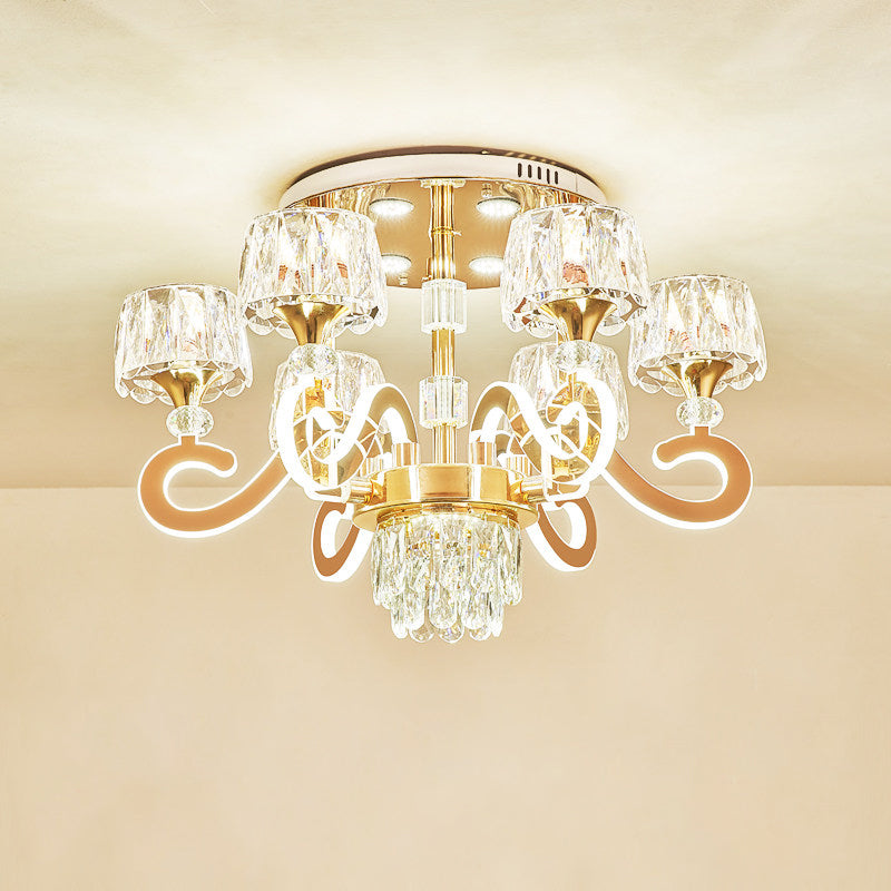 6/8 Bulbs LED Semi Flush Ceiling Light Modernist Scroll Arm Metal Flush Mounted Lamp in Gold with Crystal Accent Clearhalo 'Ceiling Lights' 'Close To Ceiling Lights' 'Close to ceiling' 'Semi-flushmount' Lighting' 754800