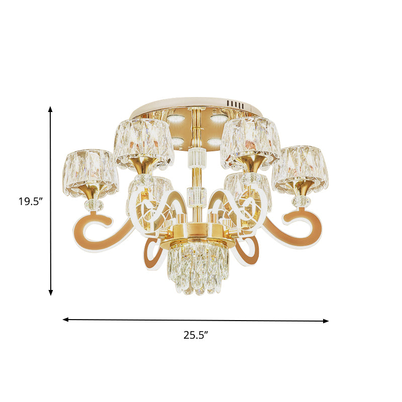 6/8 Bulbs LED Semi Flush Ceiling Light Modernist Scroll Arm Metal Flush Mounted Lamp in Gold with Crystal Accent Clearhalo 'Ceiling Lights' 'Close To Ceiling Lights' 'Close to ceiling' 'Semi-flushmount' Lighting' 754801