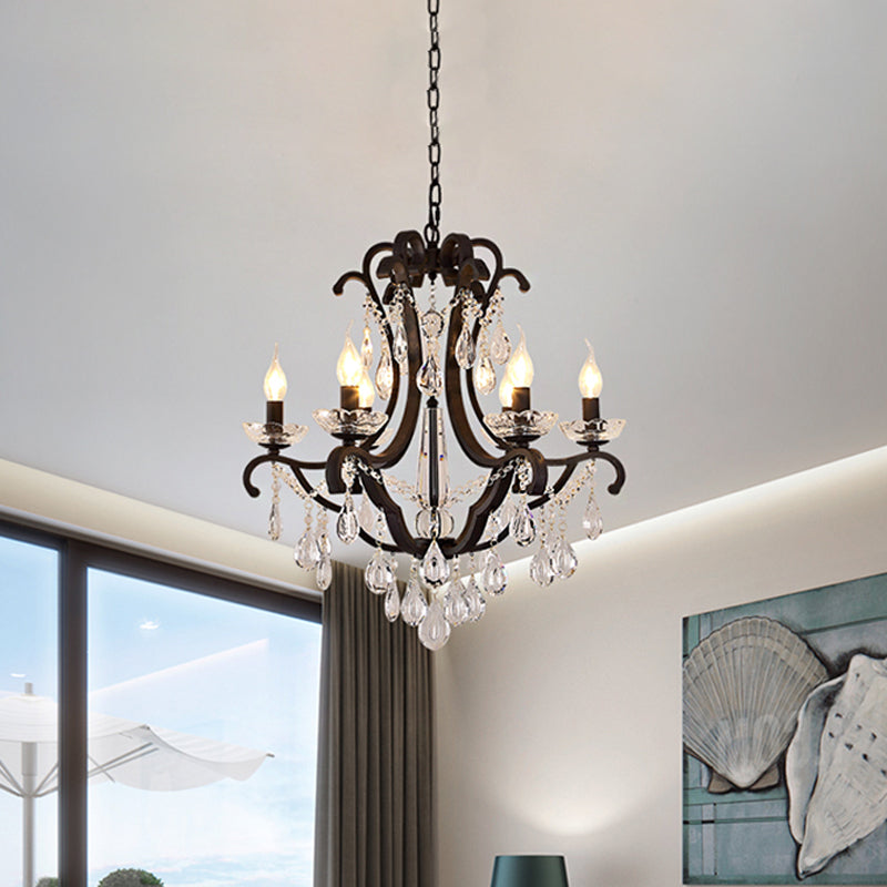 Metallic Black Pendant Chandelier Scroll Arm 5/6-Head Traditional Hanging Ceiling Light with Crystal Drop Clearhalo 'Ceiling Lights' 'Chandeliers' Lighting' options 754811