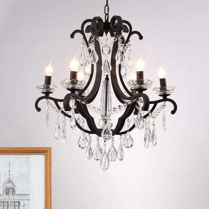 Metallic Black Pendant Chandelier Scroll Arm 5/6-Head Traditional Hanging Ceiling Light with Crystal Drop Clearhalo 'Ceiling Lights' 'Chandeliers' Lighting' options 754812