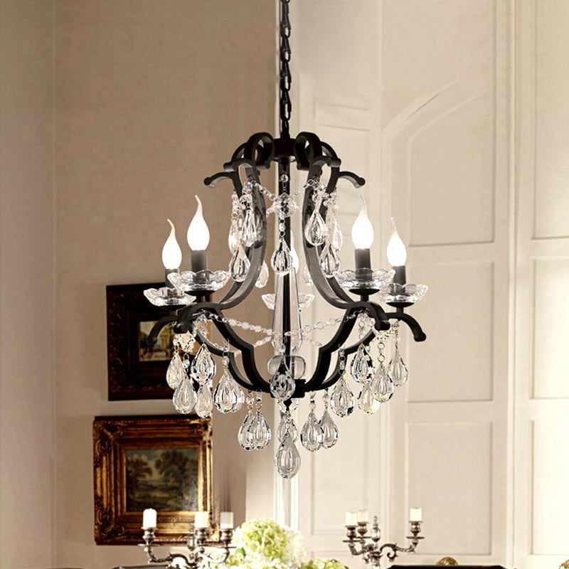 Metallic Black Pendant Chandelier Scroll Arm 5/6-Head Traditional Hanging Ceiling Light with Crystal Drop Clearhalo 'Ceiling Lights' 'Chandeliers' Lighting' options 754815