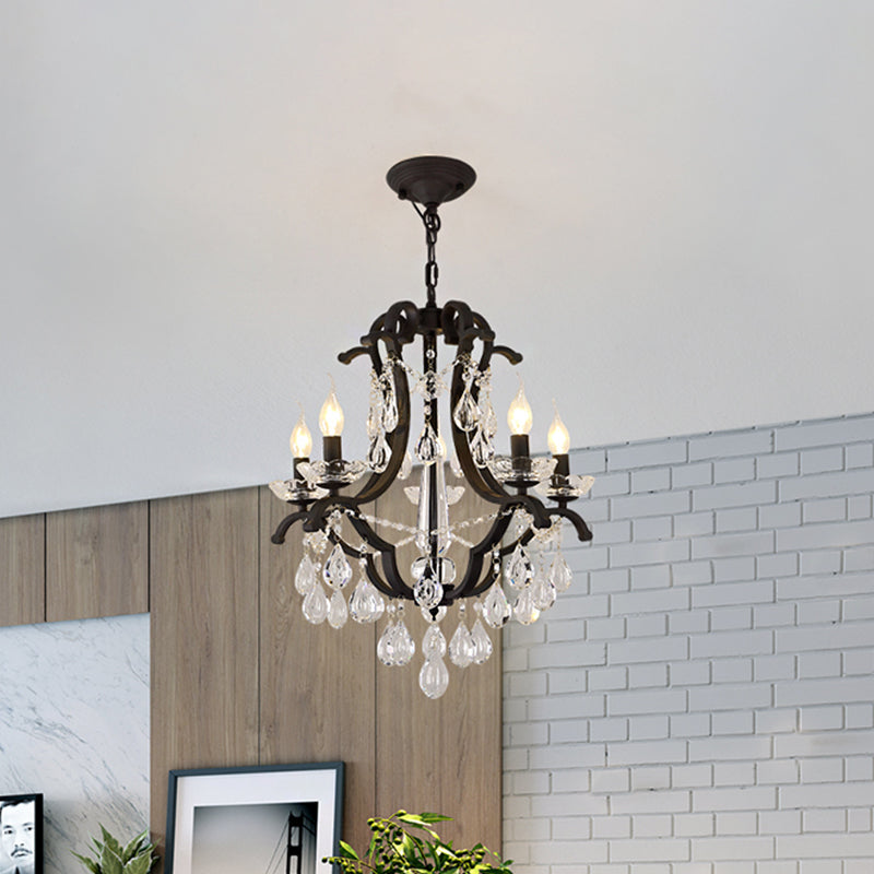 Metallic Black Pendant Chandelier Scroll Arm 5/6-Head Traditional Hanging Ceiling Light with Crystal Drop Clearhalo 'Ceiling Lights' 'Chandeliers' Lighting' options 754816