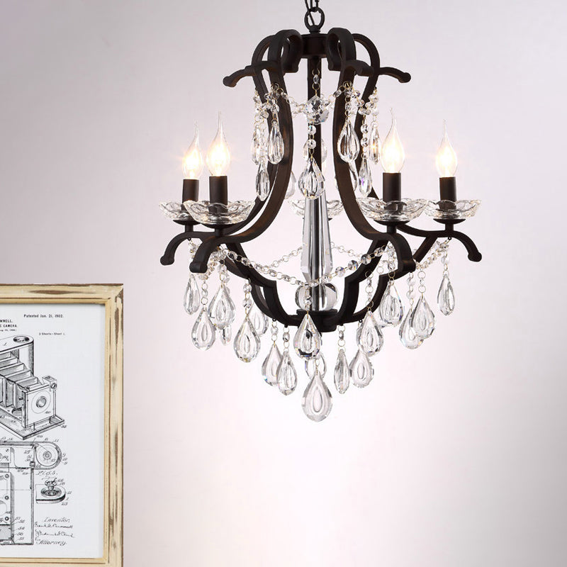 Metallic Black Pendant Chandelier Scroll Arm 5/6-Head Traditional Hanging Ceiling Light with Crystal Drop Clearhalo 'Ceiling Lights' 'Chandeliers' Lighting' options 754817