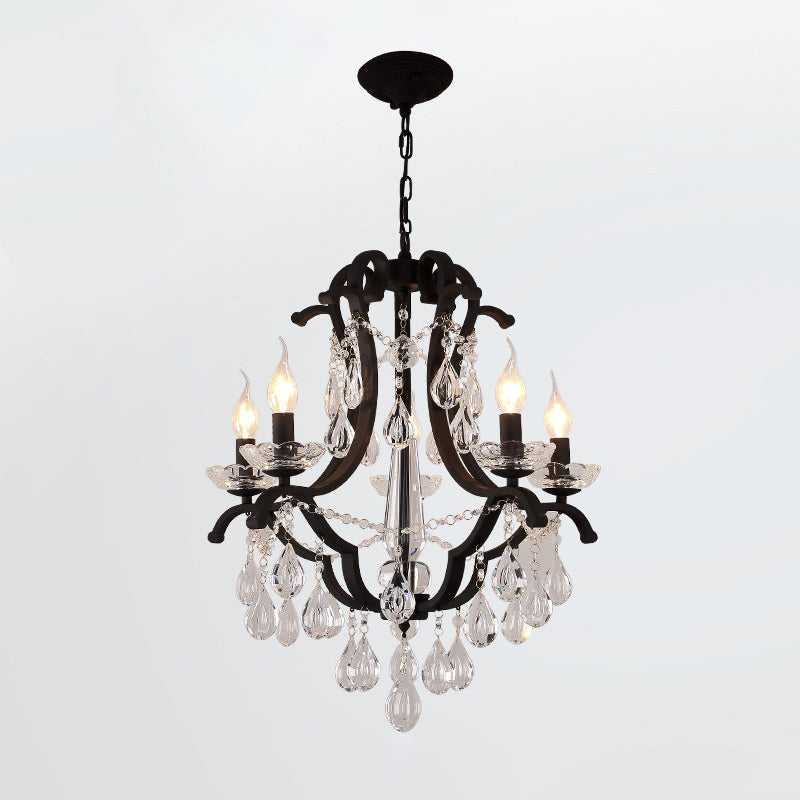 Metallic Black Pendant Chandelier Scroll Arm 5/6-Head Traditional Hanging Ceiling Light with Crystal Drop Clearhalo 'Ceiling Lights' 'Chandeliers' Lighting' options 754818