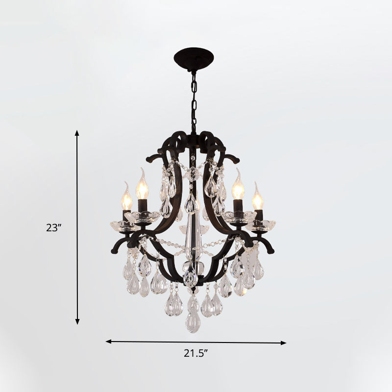 Metallic Black Pendant Chandelier Scroll Arm 5/6-Head Traditional Hanging Ceiling Light with Crystal Drop Clearhalo 'Ceiling Lights' 'Chandeliers' Lighting' options 754819