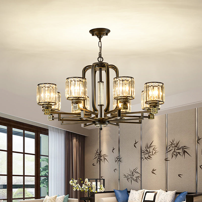 Black Cylindrical Ceiling Chandelier Contemporary Crystal Block 6/8-Light Living Room Pendant Lamp Fixture 8 Black Clearhalo 'Ceiling Lights' 'Chandeliers' 'Modern Chandeliers' 'Modern' Lighting' 754820