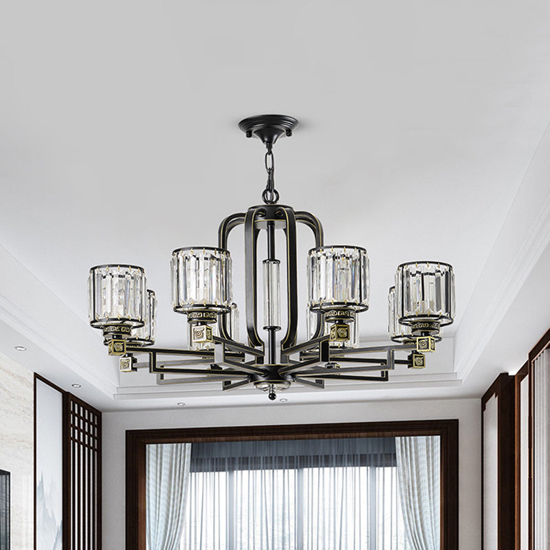 Black Cylindrical Ceiling Chandelier Contemporary Crystal Block 6/8-Light Living Room Pendant Lamp Fixture Clearhalo 'Ceiling Lights' 'Chandeliers' 'Modern Chandeliers' 'Modern' Lighting' 754821