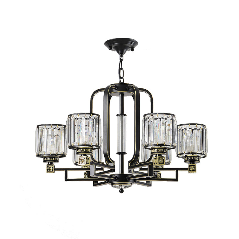 Black Cylindrical Ceiling Chandelier Contemporary Crystal Block 6/8-Light Living Room Pendant Lamp Fixture Clearhalo 'Ceiling Lights' 'Chandeliers' 'Modern Chandeliers' 'Modern' Lighting' 754826