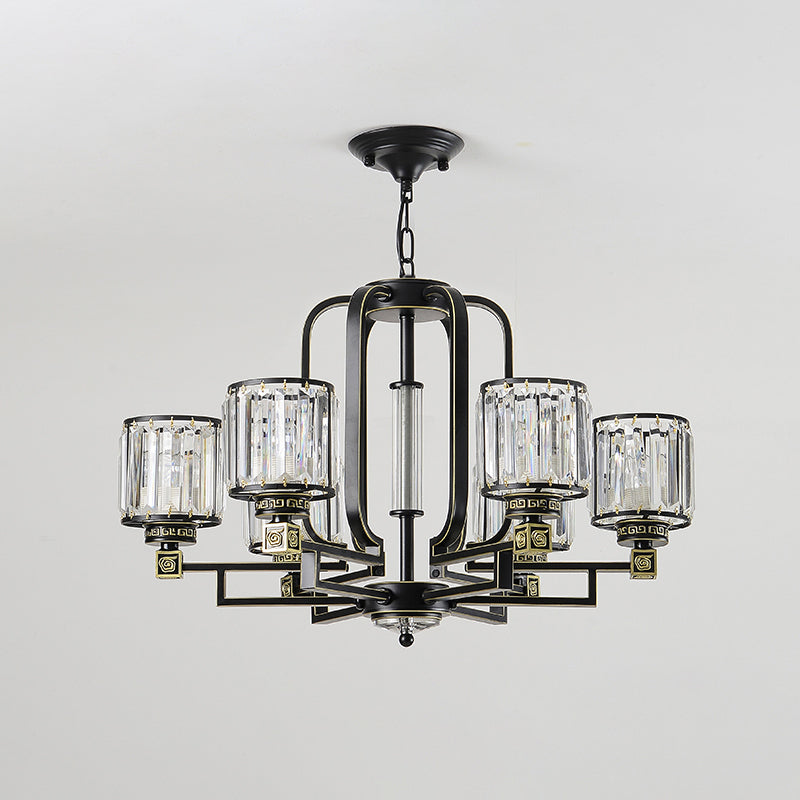 Black Cylindrical Ceiling Chandelier Contemporary Crystal Block 6/8-Light Living Room Pendant Lamp Fixture Clearhalo 'Ceiling Lights' 'Chandeliers' 'Modern Chandeliers' 'Modern' Lighting' 754827