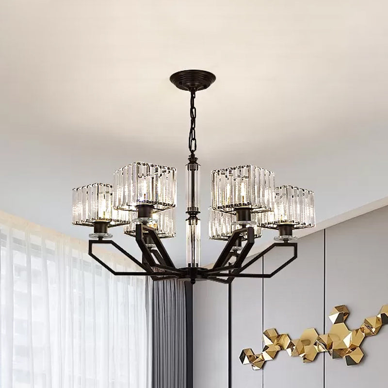 6 Lights Chandelier Light Fixture Modern Cuboid Crystal Block Ceiling Pendant Lamp in Black/Gold Black Clearhalo 'Ceiling Lights' 'Chandeliers' 'Modern Chandeliers' 'Modern' Lighting' 754829