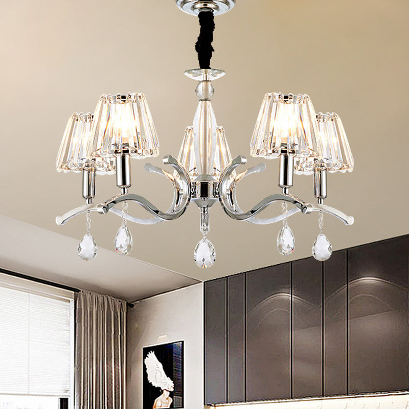 Silver 5/6 Bulbs Hanging Chandelier Modernist Crystal Tapered Suspension Pendant Lamp 5 Silver Clearhalo 'Ceiling Lights' 'Chandeliers' 'Modern Chandeliers' 'Modern' Lighting' 754837