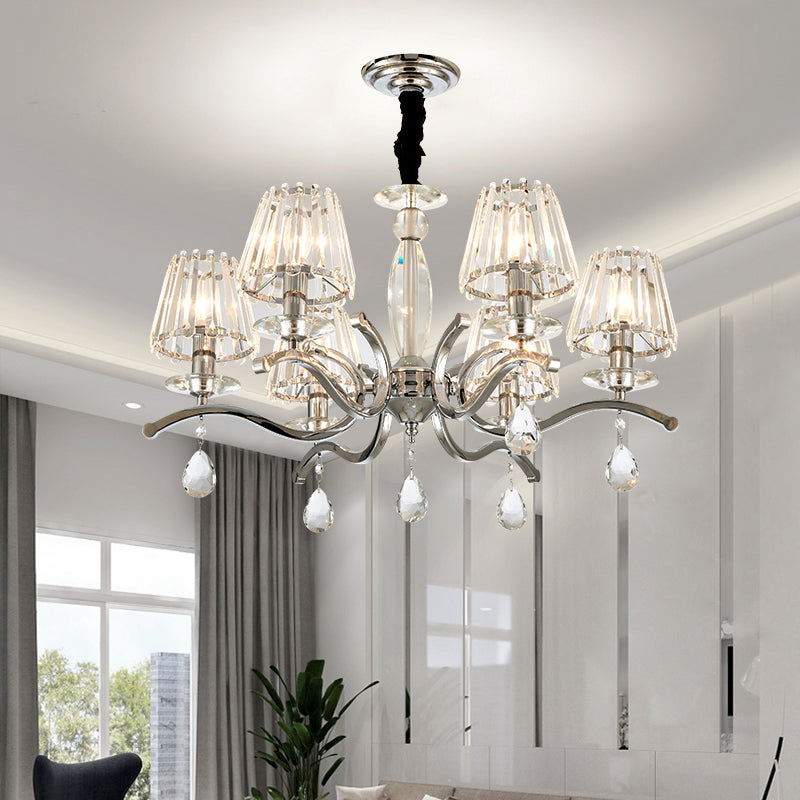 Silver 5/6 Bulbs Hanging Chandelier Modernist Crystal Tapered Suspension Pendant Lamp 6 Silver Clearhalo 'Ceiling Lights' 'Chandeliers' 'Modern Chandeliers' 'Modern' Lighting' 754841