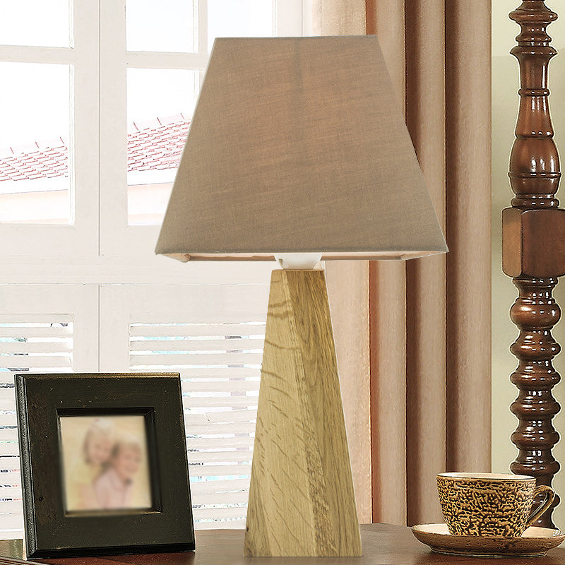 Taupe/White Pagoda Table Lamp Minimalist 1 Head Fabric Night Stand Light with Pyramidal Wood Pedestal Clearhalo 'Lamps' 'Table Lamps' Lighting' 754889