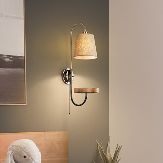 Conical Fabric Pull Chain Wall Mount Lamp Modern Single Wood Sconce Light with USB Port and Wood Rack Wood Clearhalo 'Modern wall lights' 'Modern' 'Wall Lamps & Sconces' 'Wall Lights' Lighting' 754943